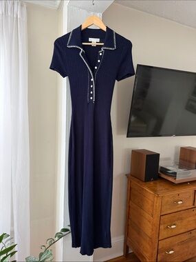 Caroline Constas Navy Ribbed Knit Polo Midi Dress Size XS